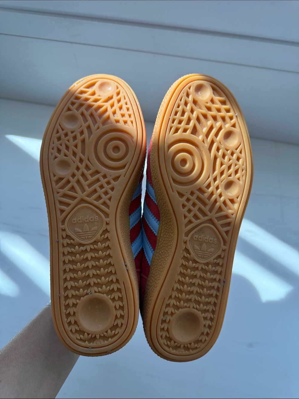 Women’s Red Adidas Spezial Sneakers with Light Blue Stripes - Picture 3 of 7